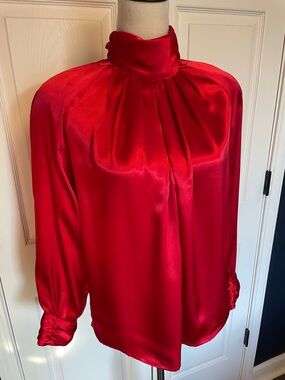 Vintage Mikado Red Satin High-Neck Long Sleeve Blouse Size 6